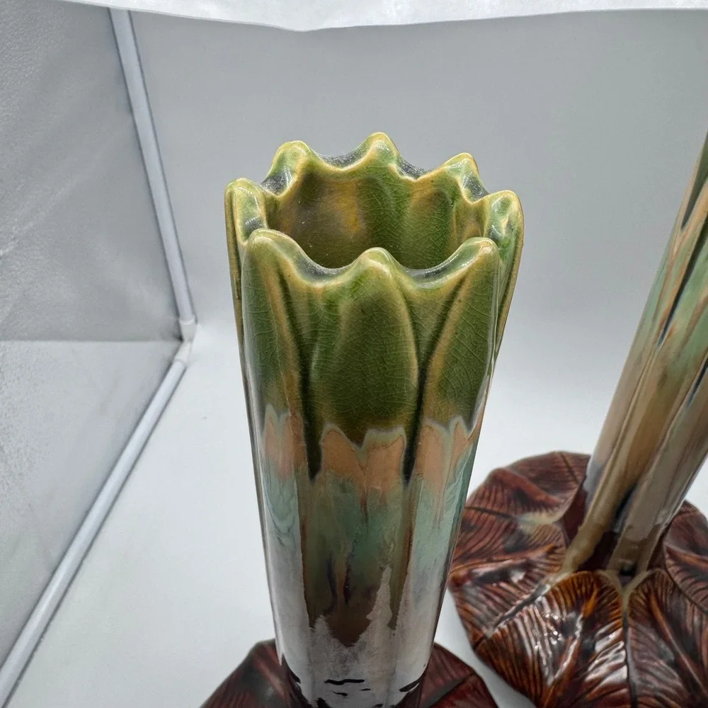 MCM Style Global Views Onion Vase Large Ceramic Art Deco Brown Green Glazed 17